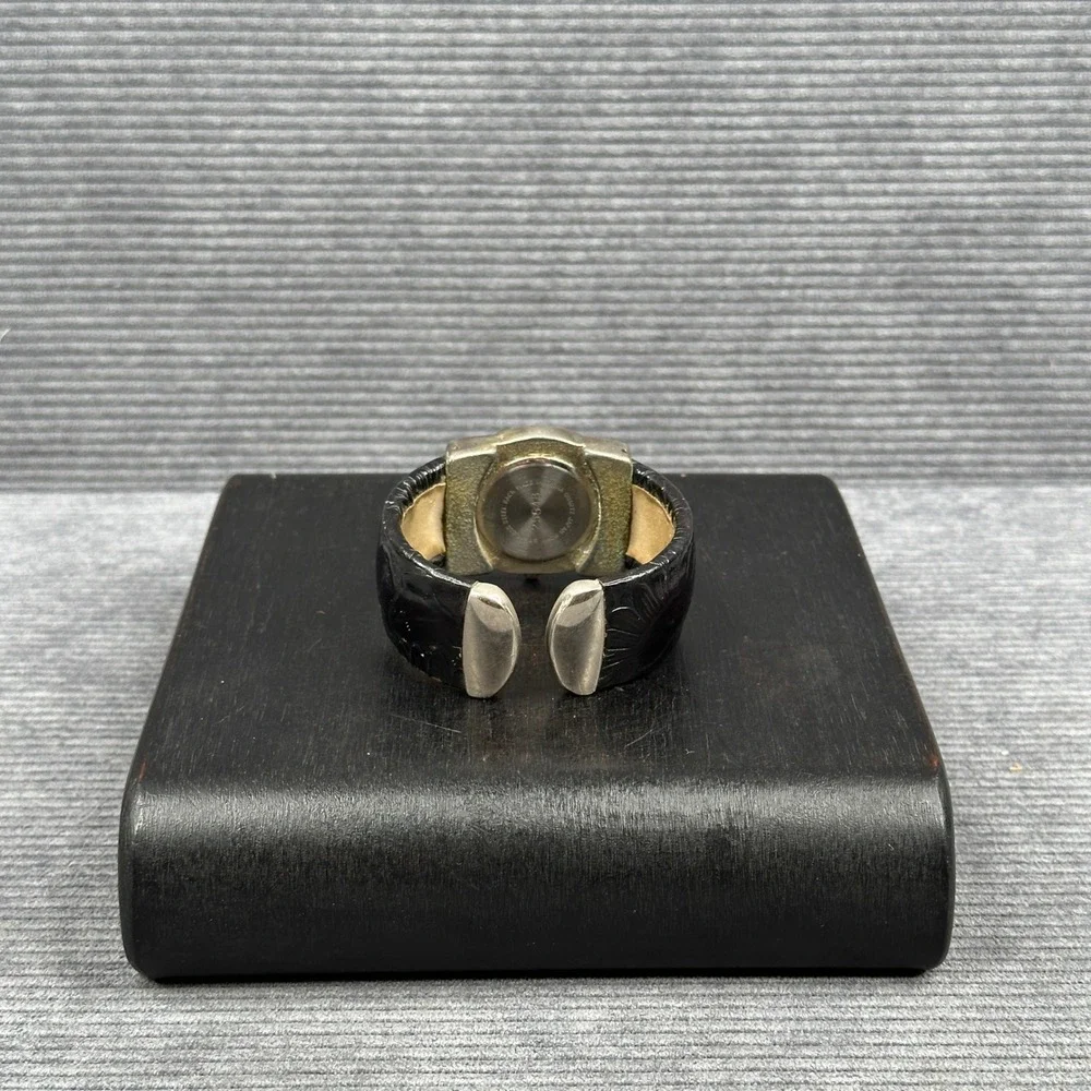 Sarah Coventry Black Embossed Cuff Watch Silver Tone Square 25548 Japan Movt vtg